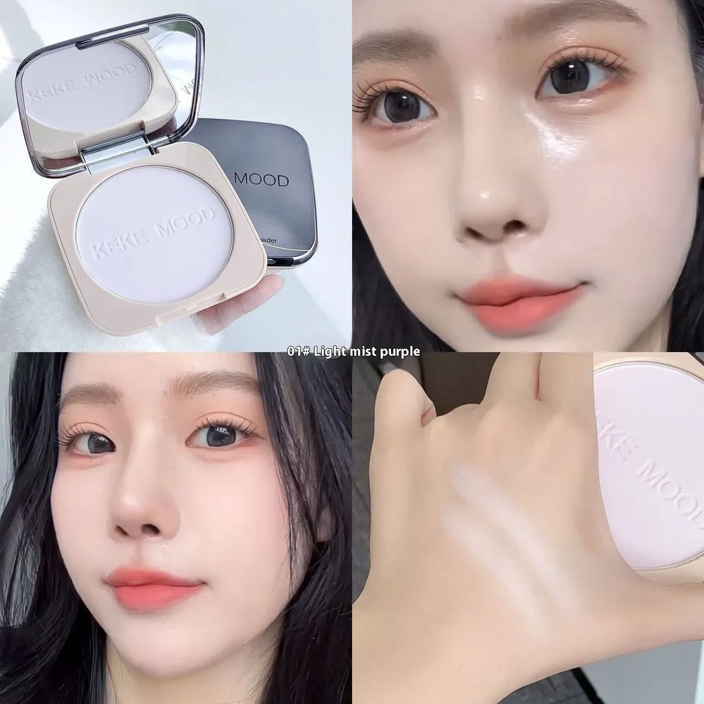 Open compact of oil control pressed powder showing a matte powder surface, with 15g net content and shade options listed.