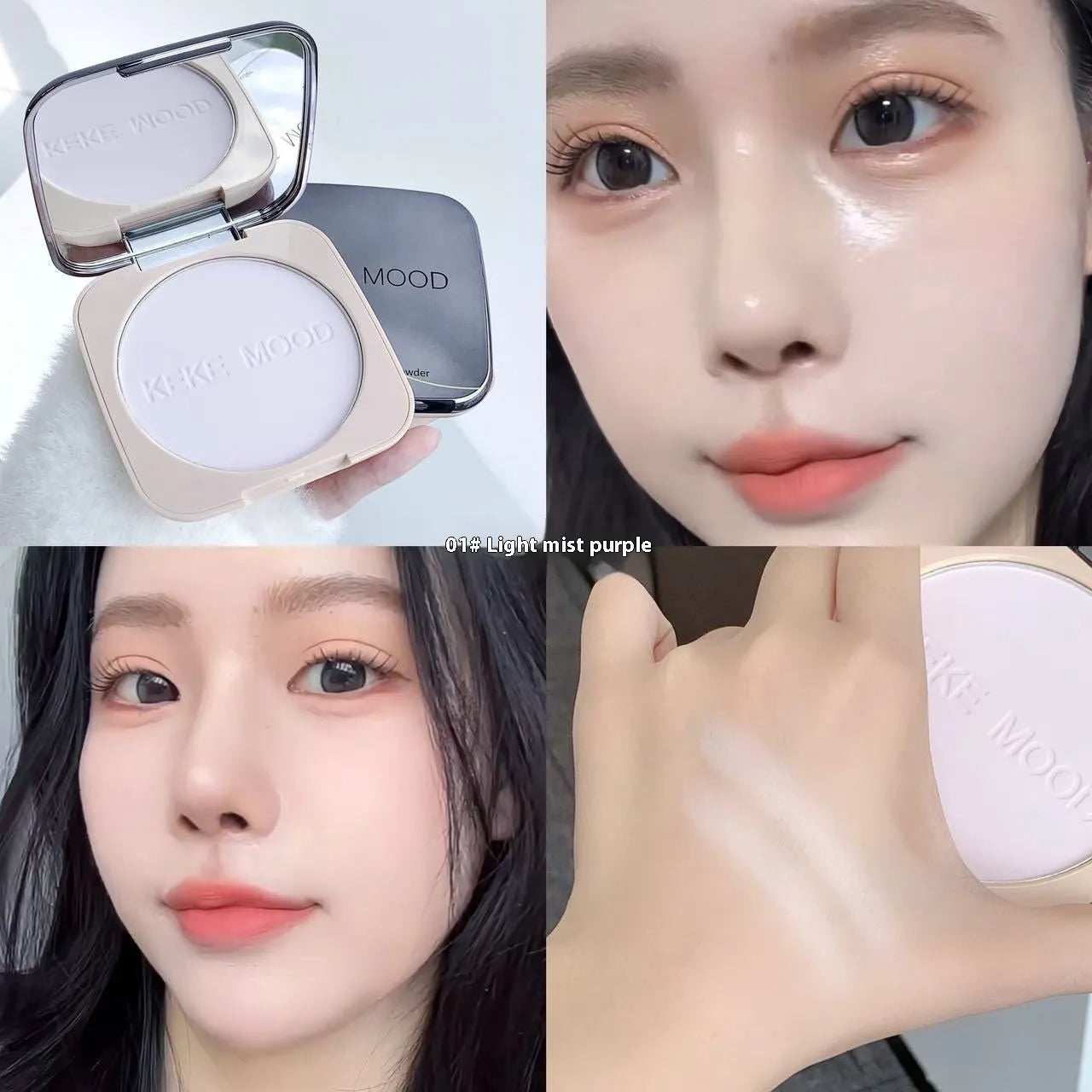 Open compact of oil control pressed powder showing a matte powder surface, with 15g net content and shade options listed.
