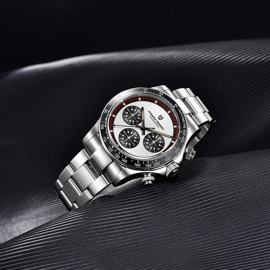 Men's quartz chronograph watch with stainless steel bracelet and 40mm black dial