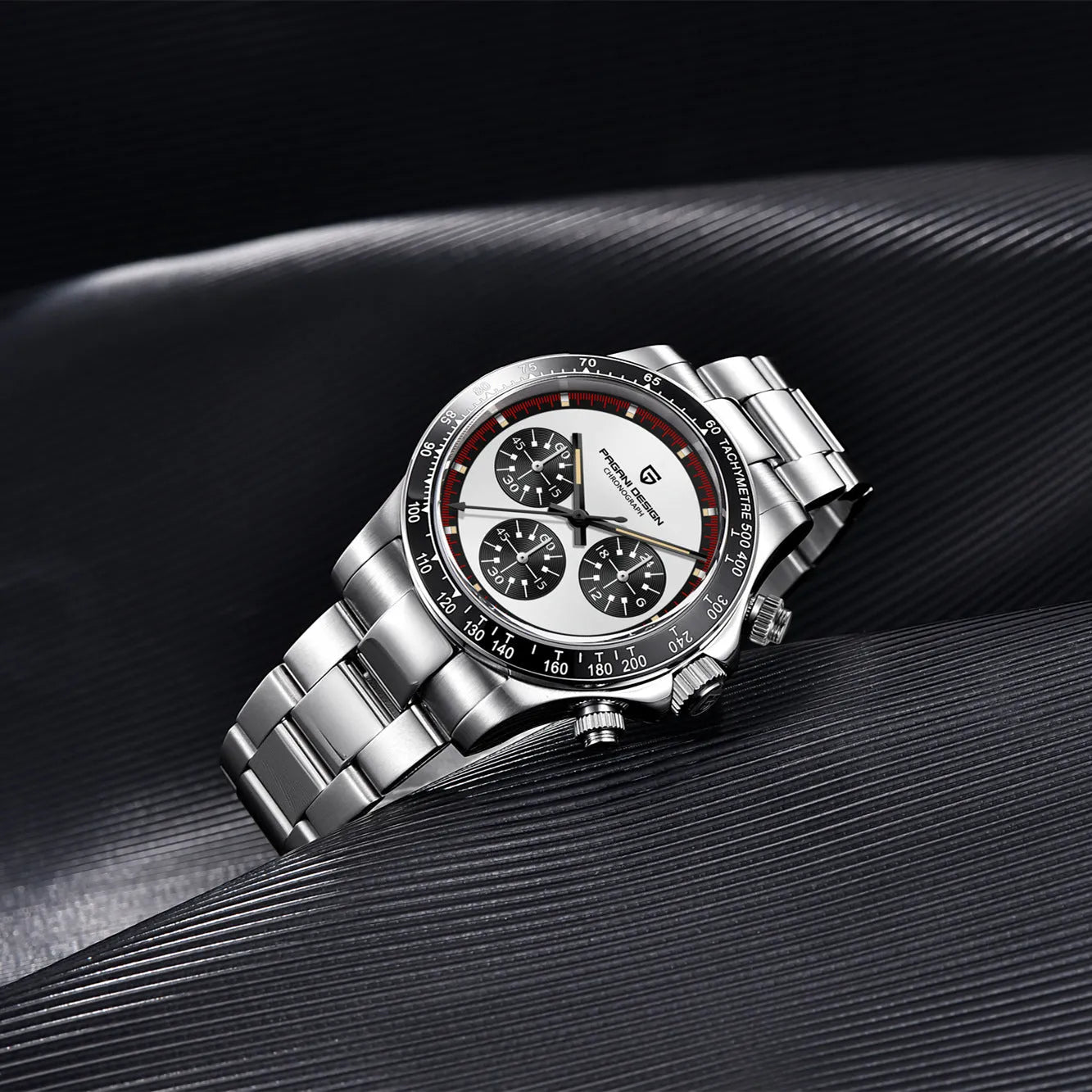 Men's quartz chronograph watch with stainless steel bracelet and 40mm black dial