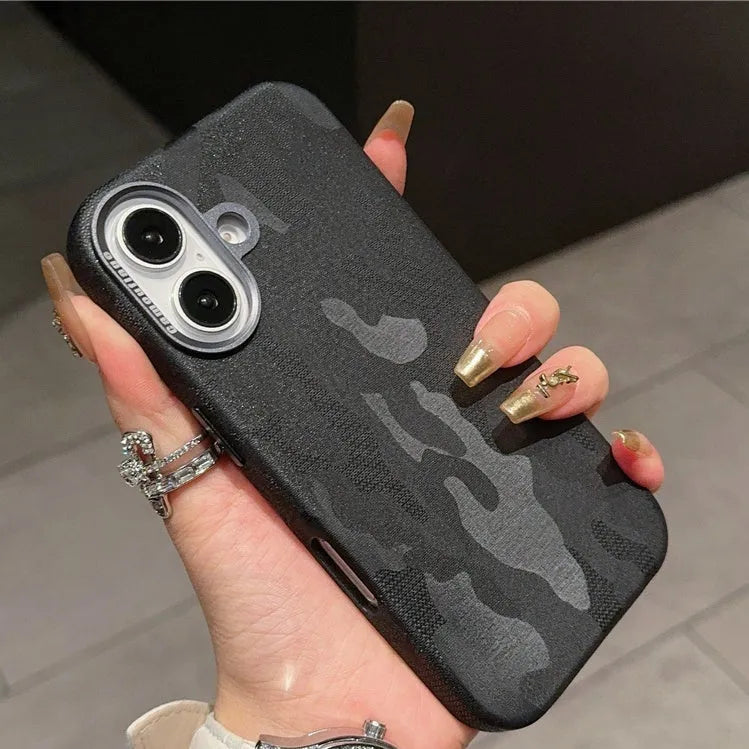 Camouflage leather mobile phone protective cover with magnetic suction and shockproof for iPhone 15 Pro Max