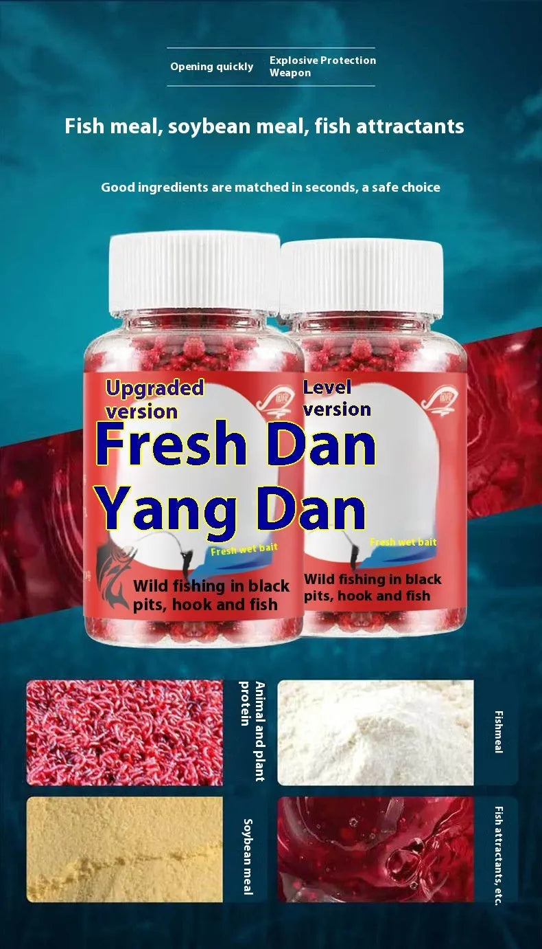 A fresh red plastic bottle containing grass green particle fishing bait for crucian carp.