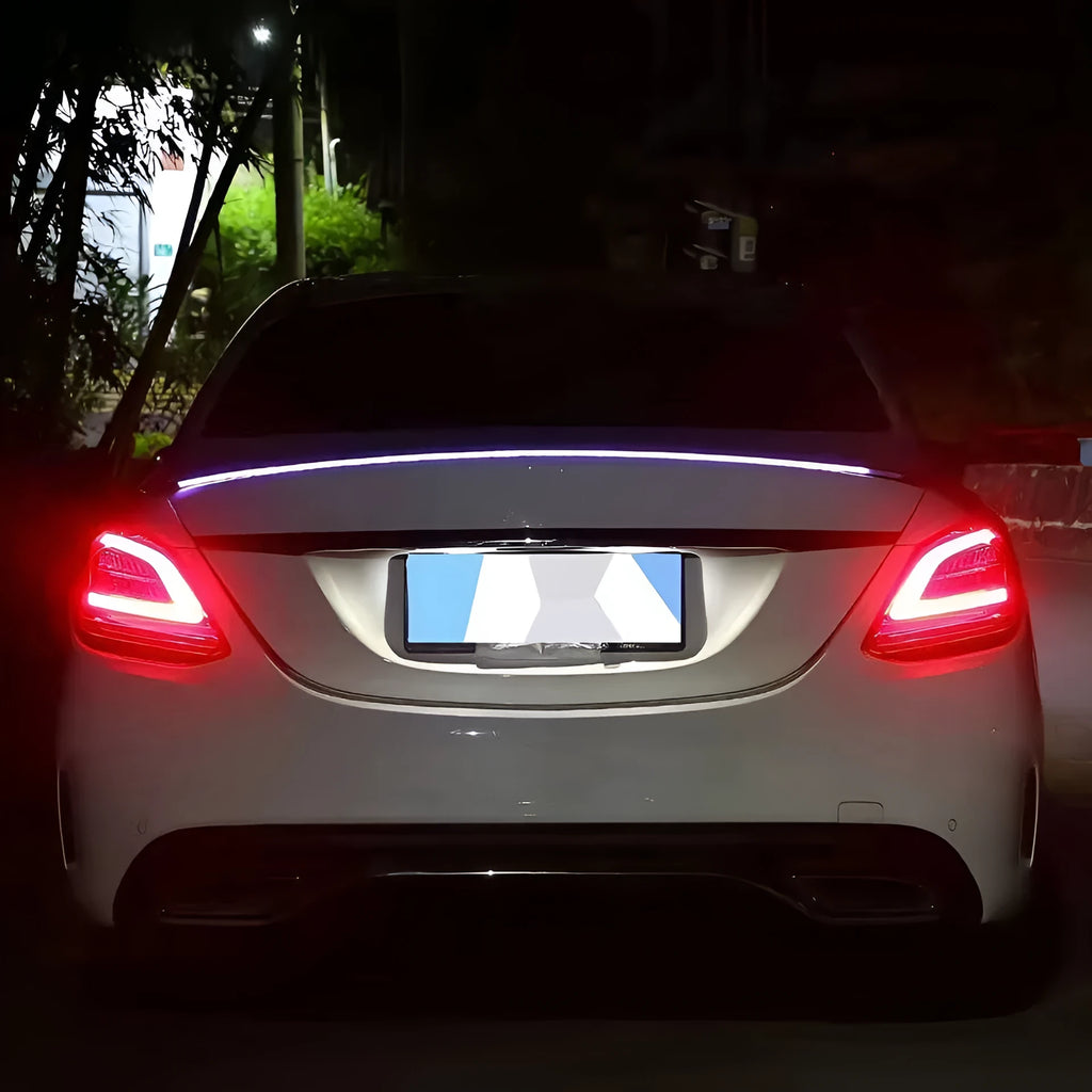 Car tail wing LED streamer turn signal light in red and colourful styles, showing 1.2m and 1.3m length options.