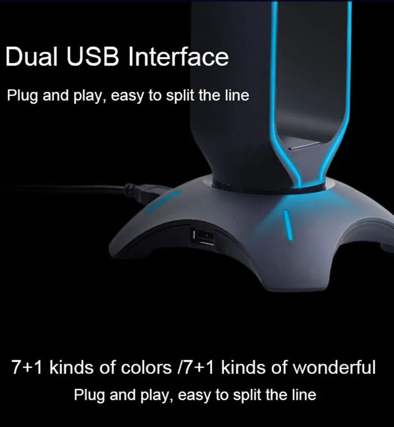 RGB gaming headphone stand in black with headset, measures 252.5x128.5x128.5mm