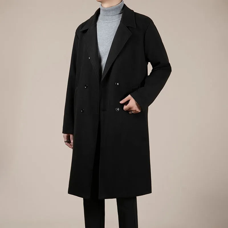 Men's mid-length corduroy linen trench coat in black or brown, loose fit, sizes M to 3XL, autumn winter daily wear