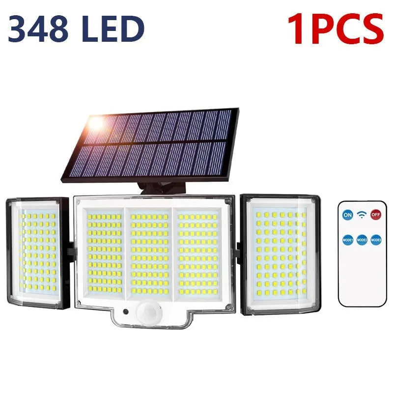 Solar-powered garden lamp with motion sensor mounted on a wall, illuminating an outdoor path.