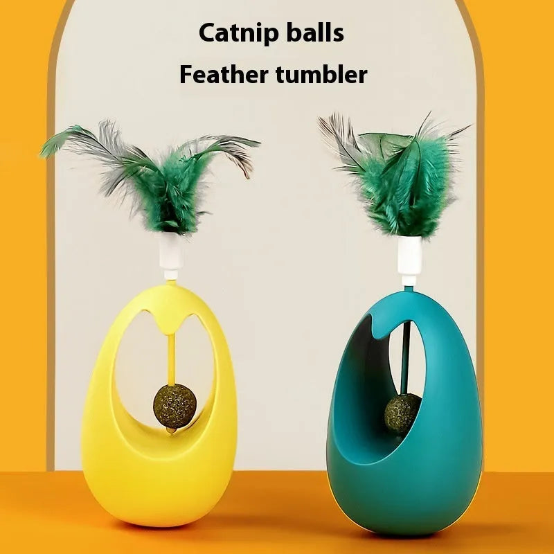 Catnip ball tumbler cat teaser toy with molar ball, 7x7x11cm PP, in mint ink blue, mint durian yellow, or cherry blossom pink