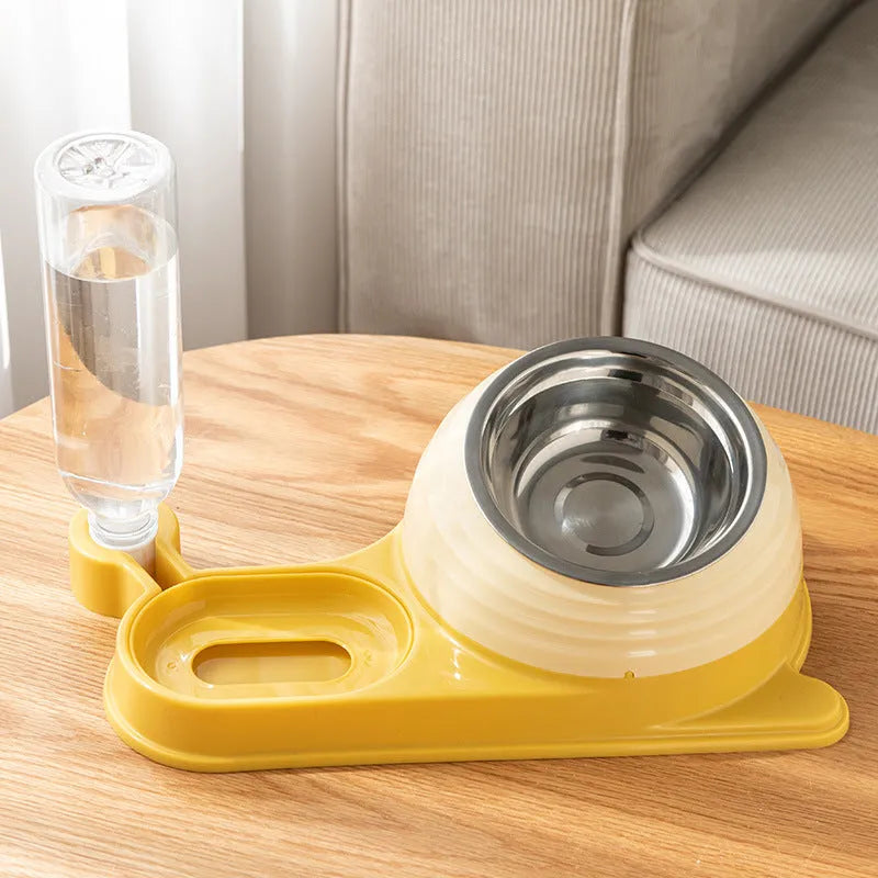 Brown elevated cat food bowl with attached water bottle dispenser on a white background.