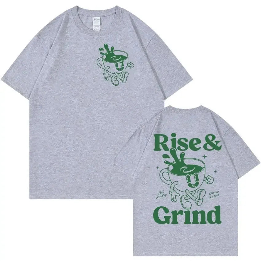 A loose-fit black linen t-shirt with a printed Rise And Grind Green Coffee Fun Expression Bag cartoon design on the front.