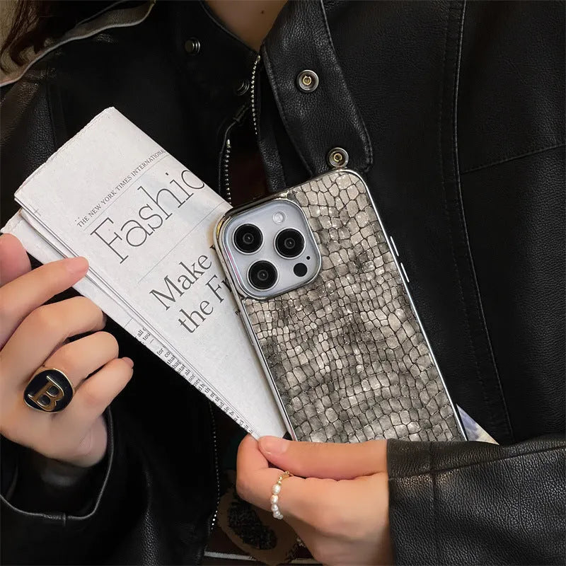 Imitation leather phone case with electroplated crocodile pattern in black, gray, silver, green, and milky white for iPhone 13 Pro Max