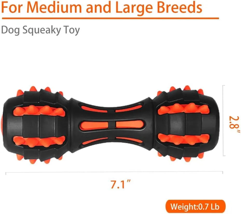 Red dumbbell-shaped durable rubber dog toy for aggressive chewers with a squeaker inside.