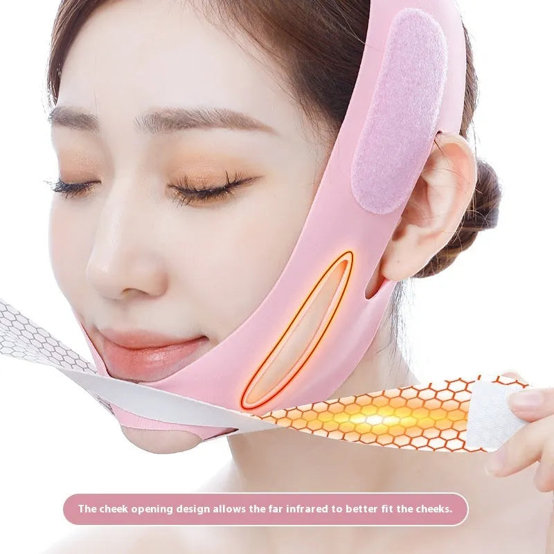 Pink and black elastic V-shaped face bandage for facial contouring and skin care.