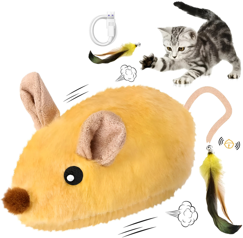 Grey and yellow interactive cat mouse toy with feather tail and LED lights for indoor feline exercise