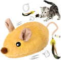 Grey and yellow interactive cat mouse toy with feather tail and LED lights for indoor feline exercise