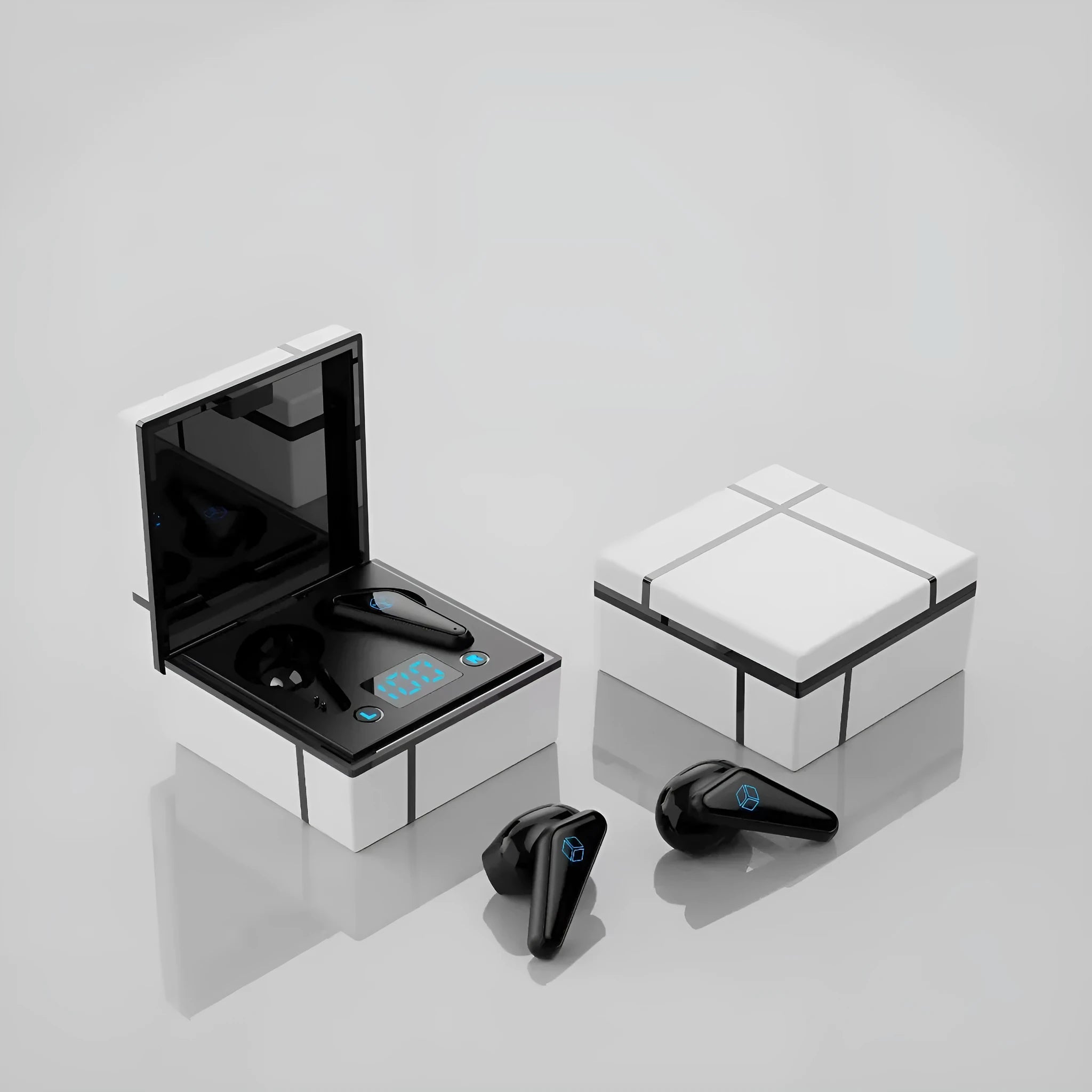 Blue and white Bluetooth gaming headset with a digital display on the ear cup.