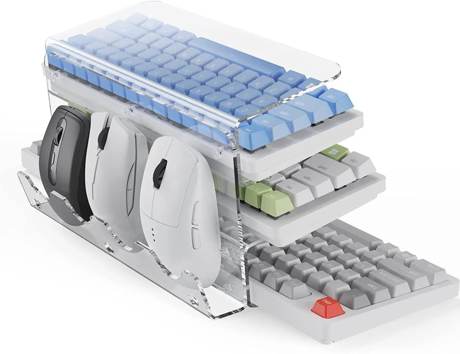 Plastic inclined computer keyboard holder bracket in black on a desk raising tray height for ergonomic typing