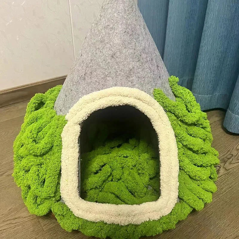 Grey handmade felt cone cat house with enclosed tent design for indoor cats