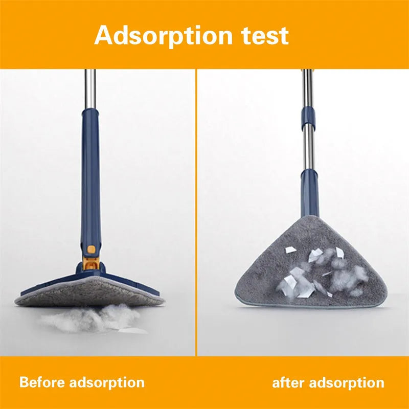 Extendable blue triangle mop with 360 rotating head and automatic water squeezing mechanism