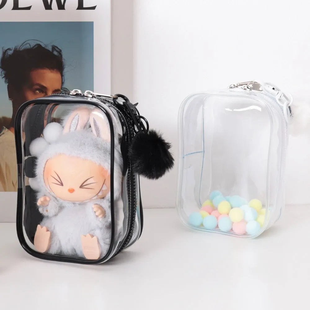 PVC transparent makeup bag in semi-transparent black, pink and white colours with zip closure