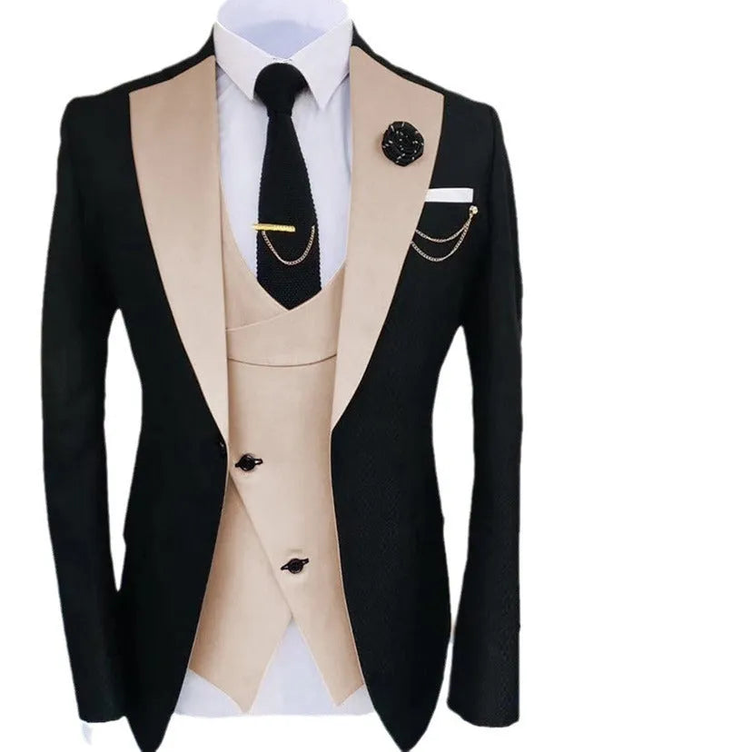 Men's slim fit cotton business three-piece suit including coat, vest, and trousers