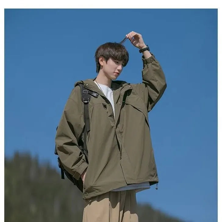 Men's windproof jacket in military green, loose fit, hooded, long sleeves, polyester, casual coat for autumn.