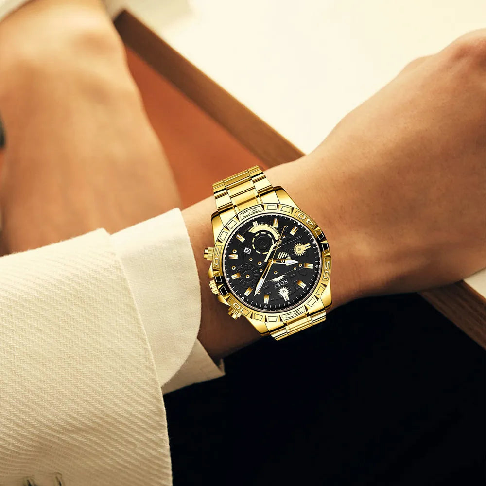 Gold men's steel business calendar quartz watch with stainless steel bracelet.