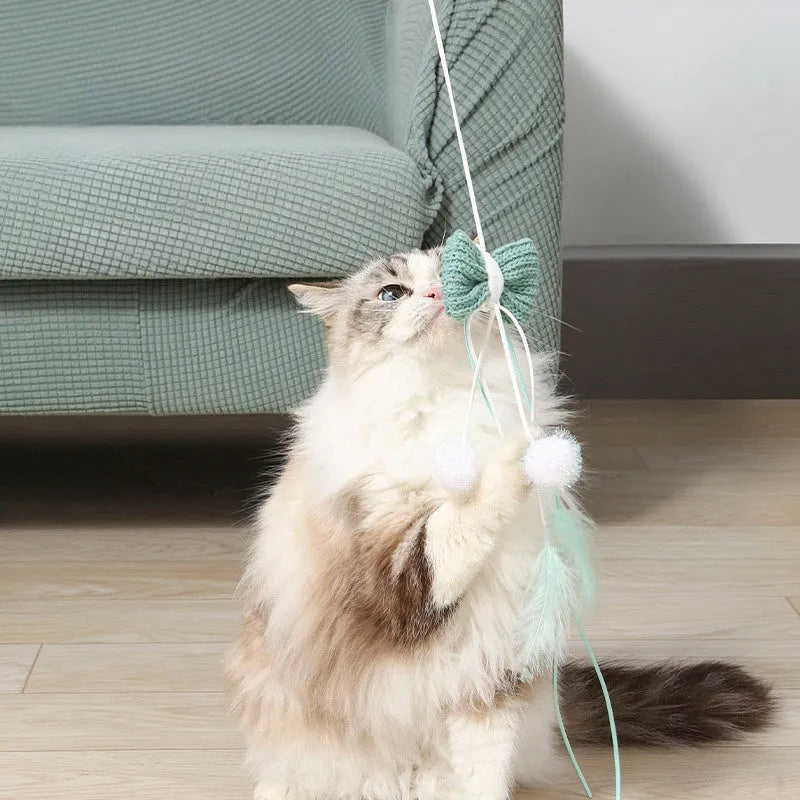 Long pole cat teaser toy with feather attachment and bite-resistant construction in blue colour