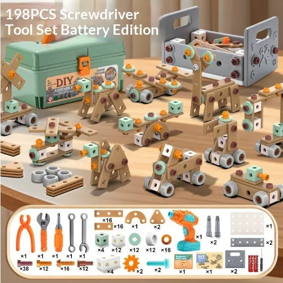 Children's plastic screw toy assembly set with colourful building blocks and storage box for boys aged 3-6
