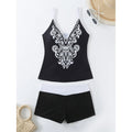 Plus size women's printed two-piece swimsuit in black or rose red with brief bottoms.