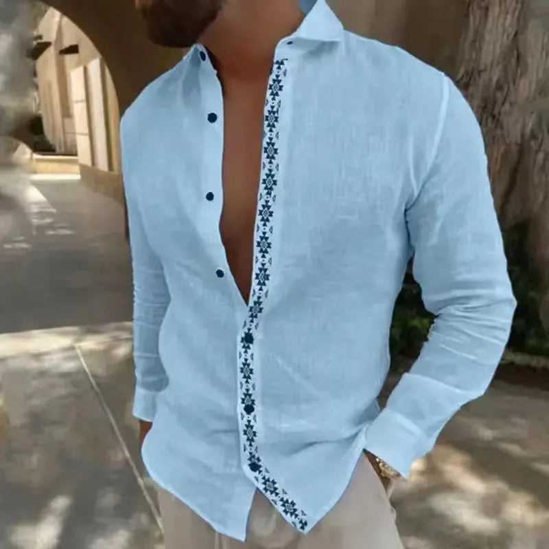 Cotton and linen printed men's shirt with lapel button, long sleeves, and collage stitching in emerald green