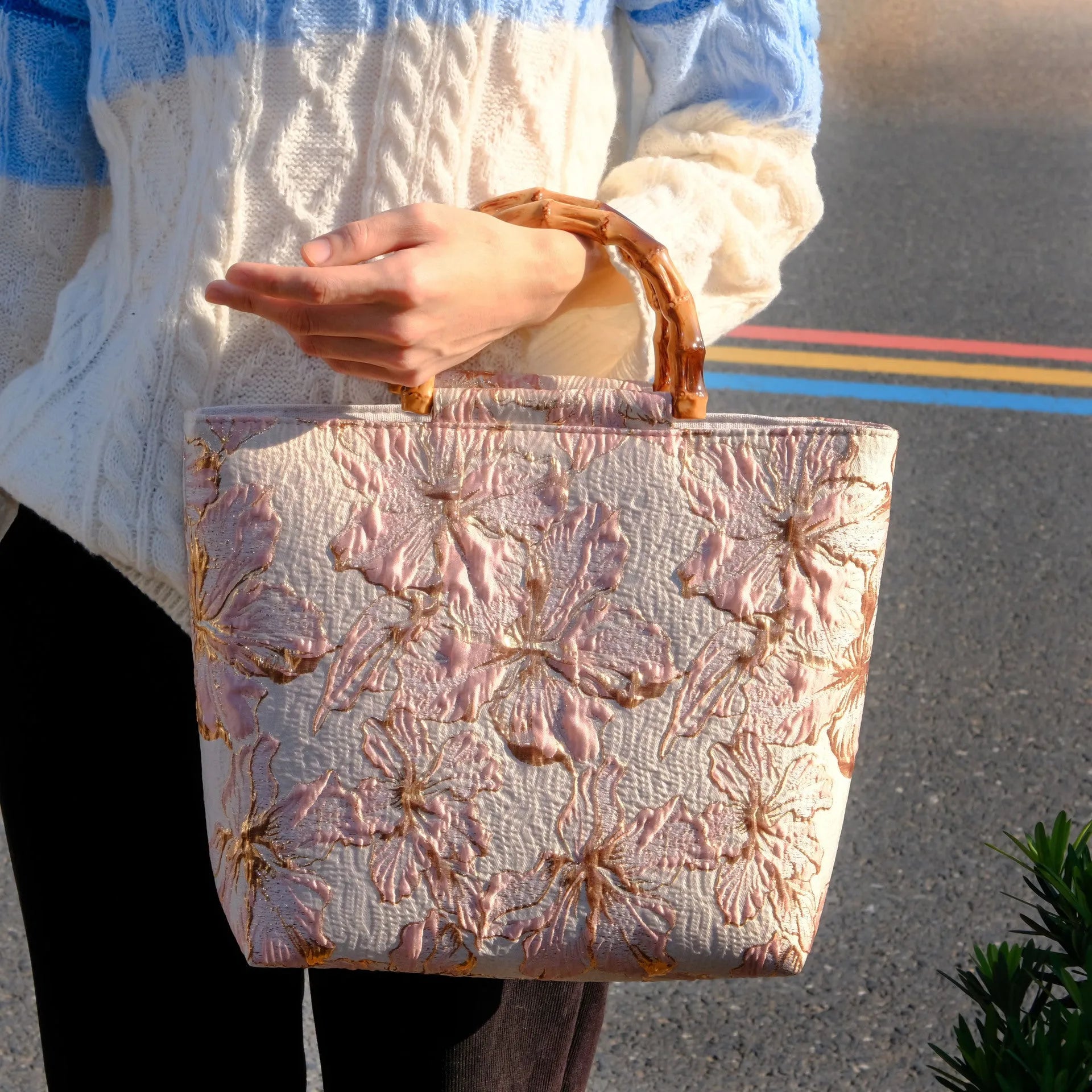 Light blue and gold bronzing flower pattern canvas shoulder bag with double strap