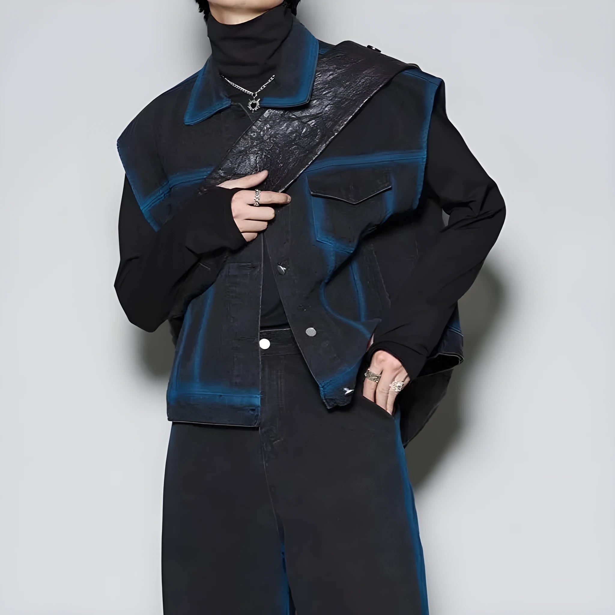 Distressed blue vest and jeans two-piece suit with spray colour gradient and fleece lining