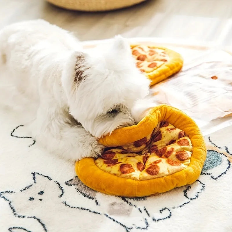 Yellow pizza-themed teddy dog chew toy with squeaker for interactive play and dental health