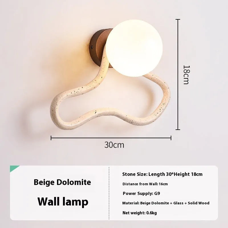 Cream Middle Ancient style bedroom wall lamp with travertine glass shade and solid wood base