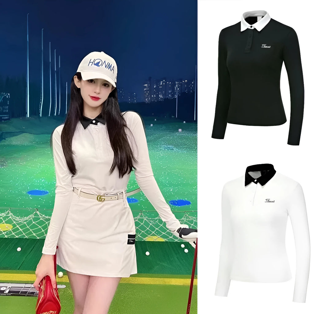 Women's white long sleeve golf top with slim sports cut for outdoor sun protection