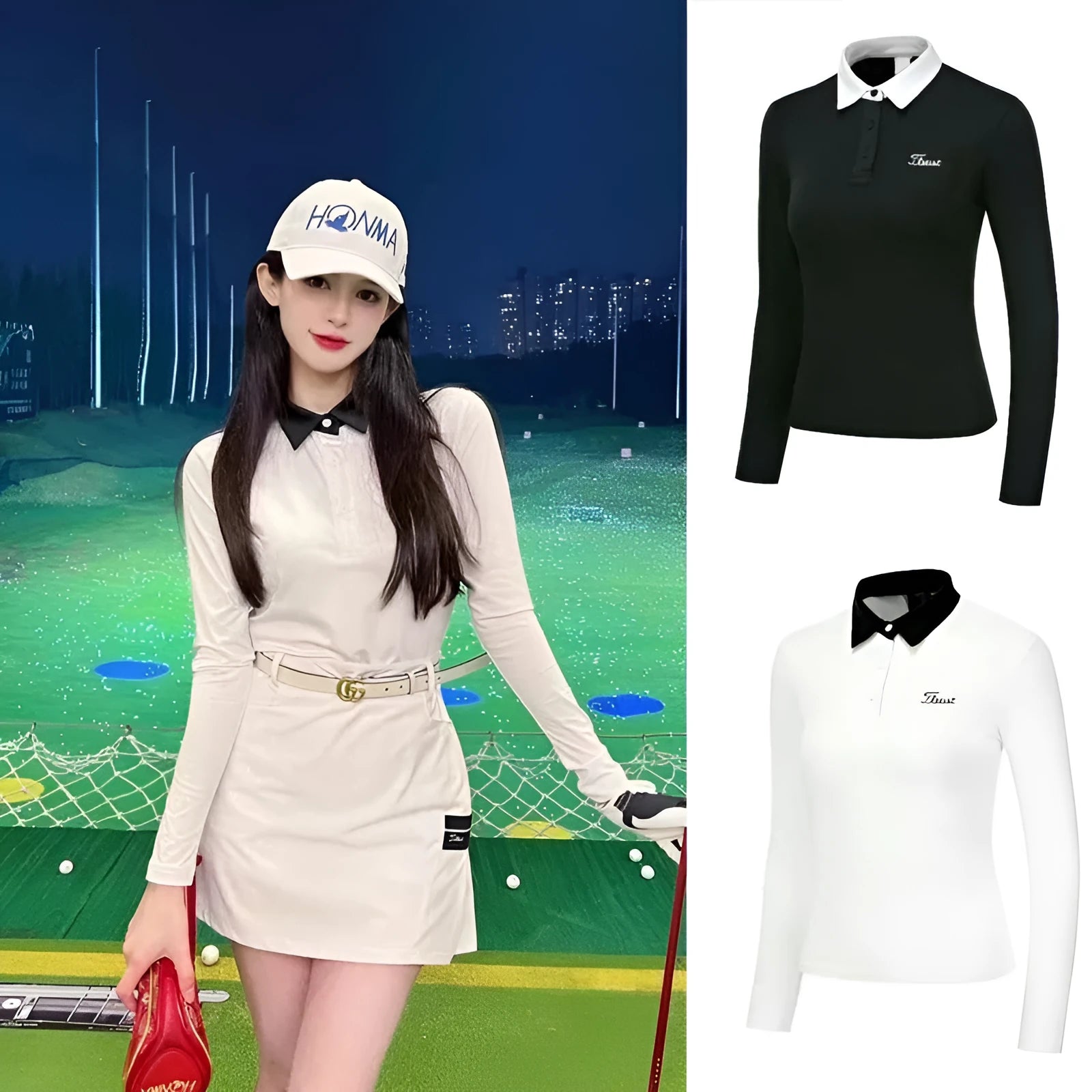 Women's white long sleeve golf top with slim sports cut for outdoor sun protection
