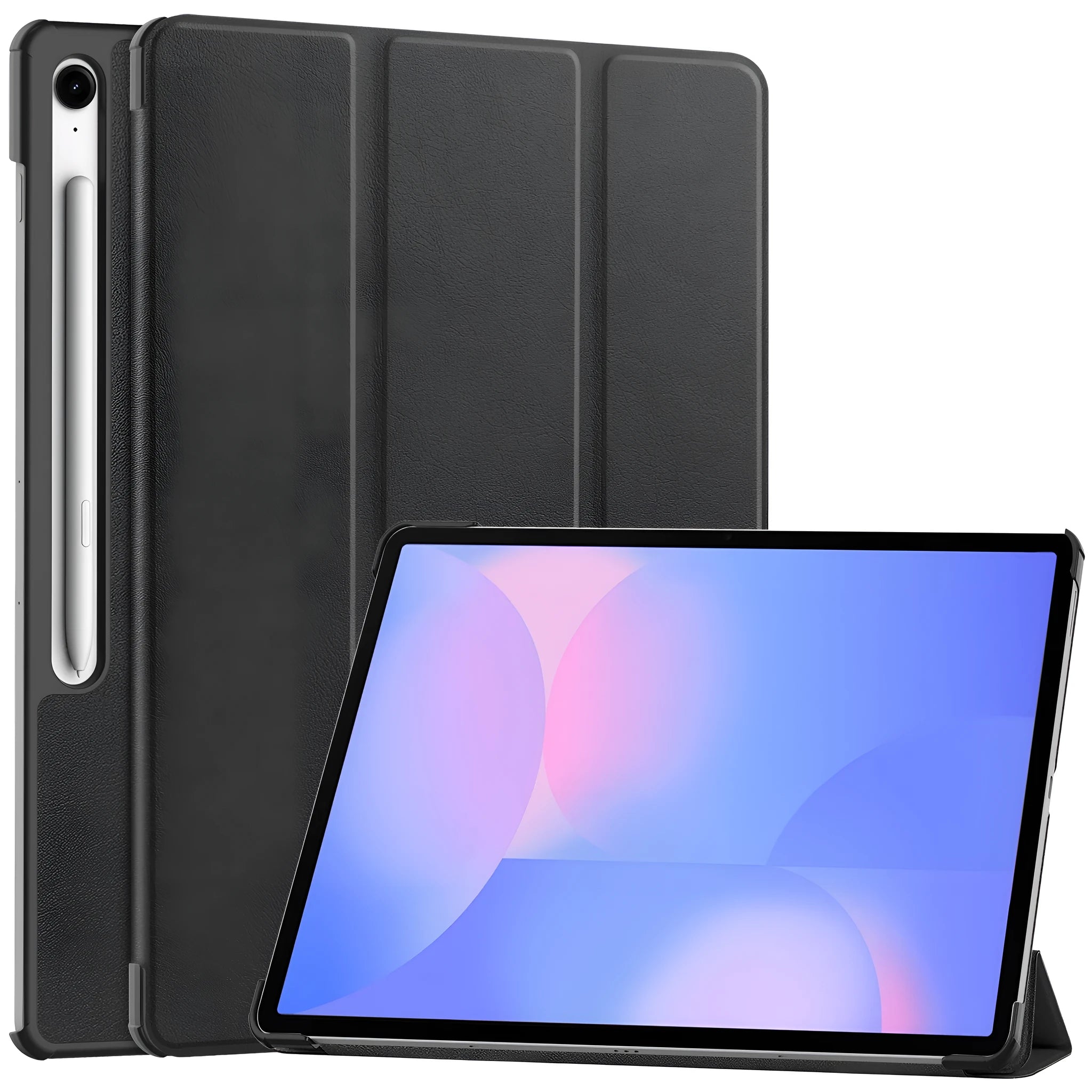 Samsung Tab S10 FE Plus 13.1-inch tri-fold hard protective case in black with integrated kickstand open.