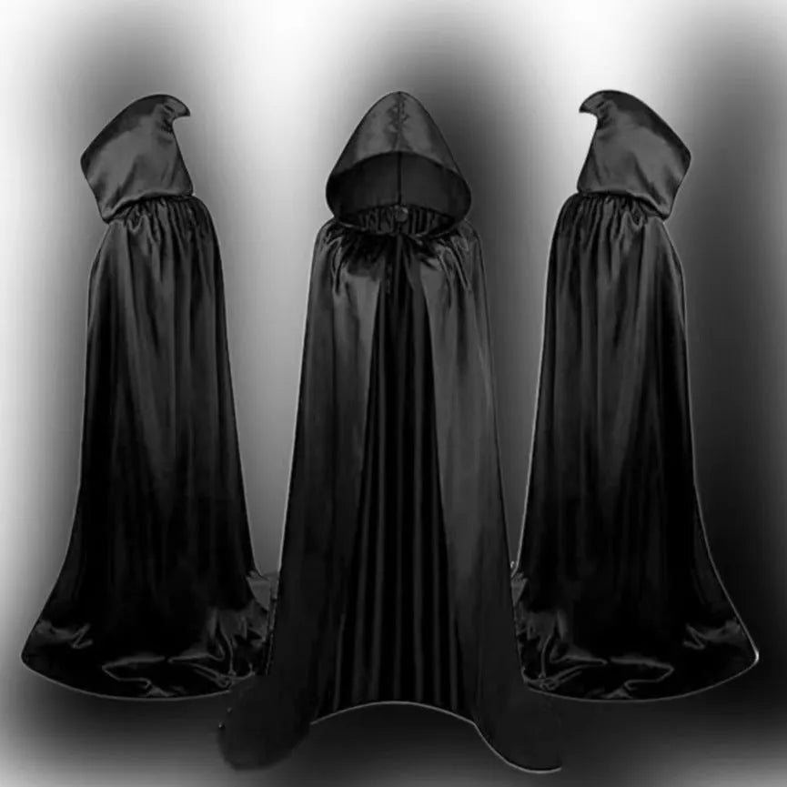A black satin hooded cloak costume for children, shown laid flat.