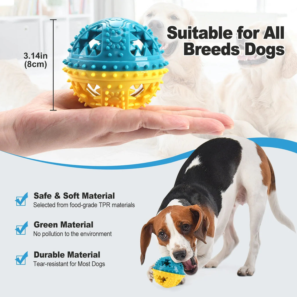 Dog chew toy ball with treat dispenser and bell, 8.4 cm, in red and yellow colour combination