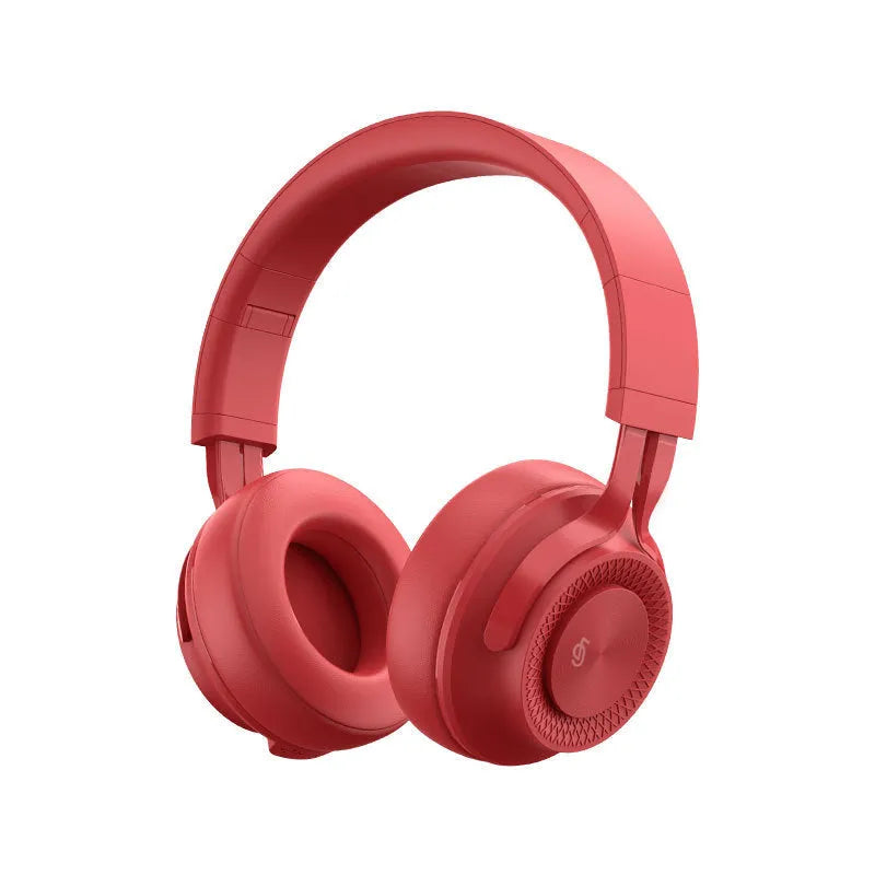 Red sports wireless Bluetooth headset on a black background, showing earpiece and charging port.