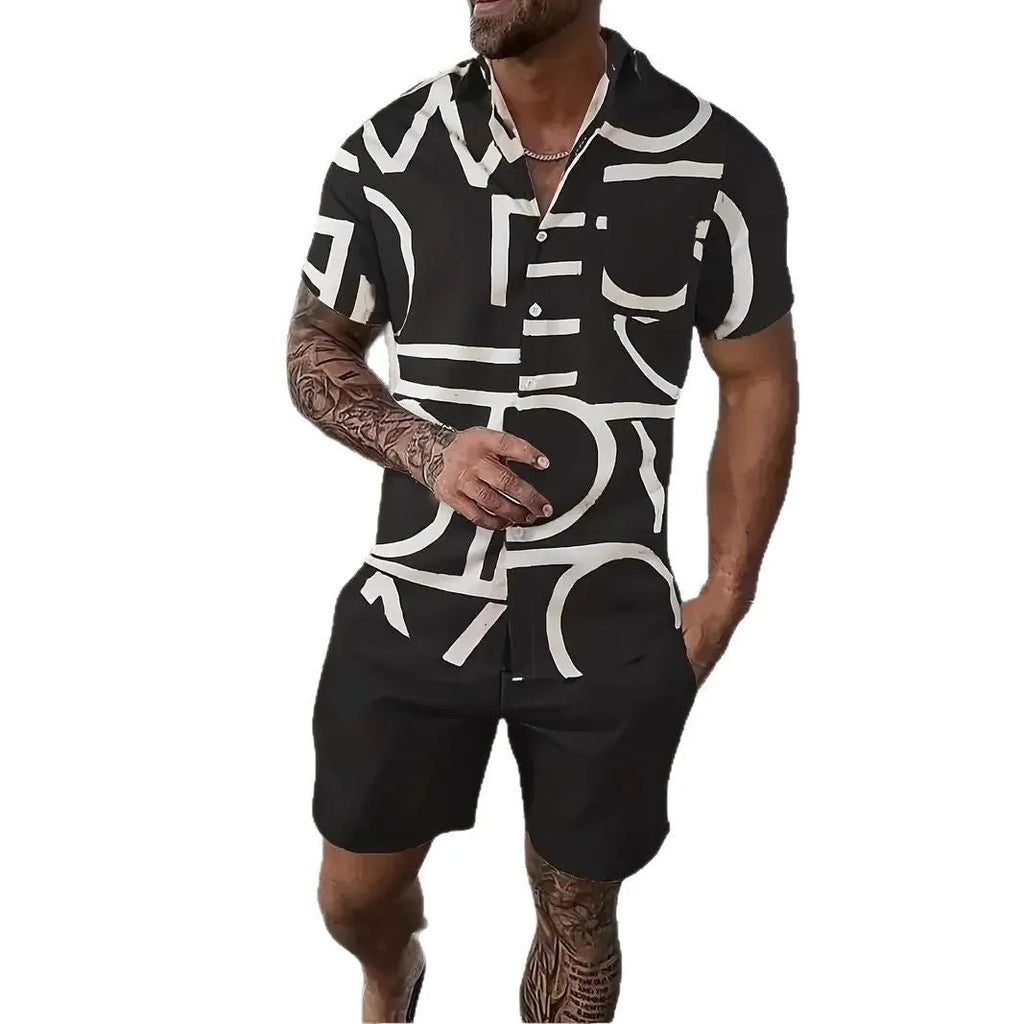 Man wearing a blue Hawaii-themed short sleeve top and matching shorts from a 3D printed leisure suit set.