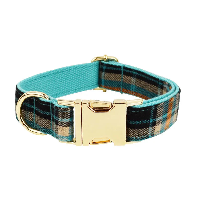 Green retro dog collar set with matching leash, bow, and vest on white background