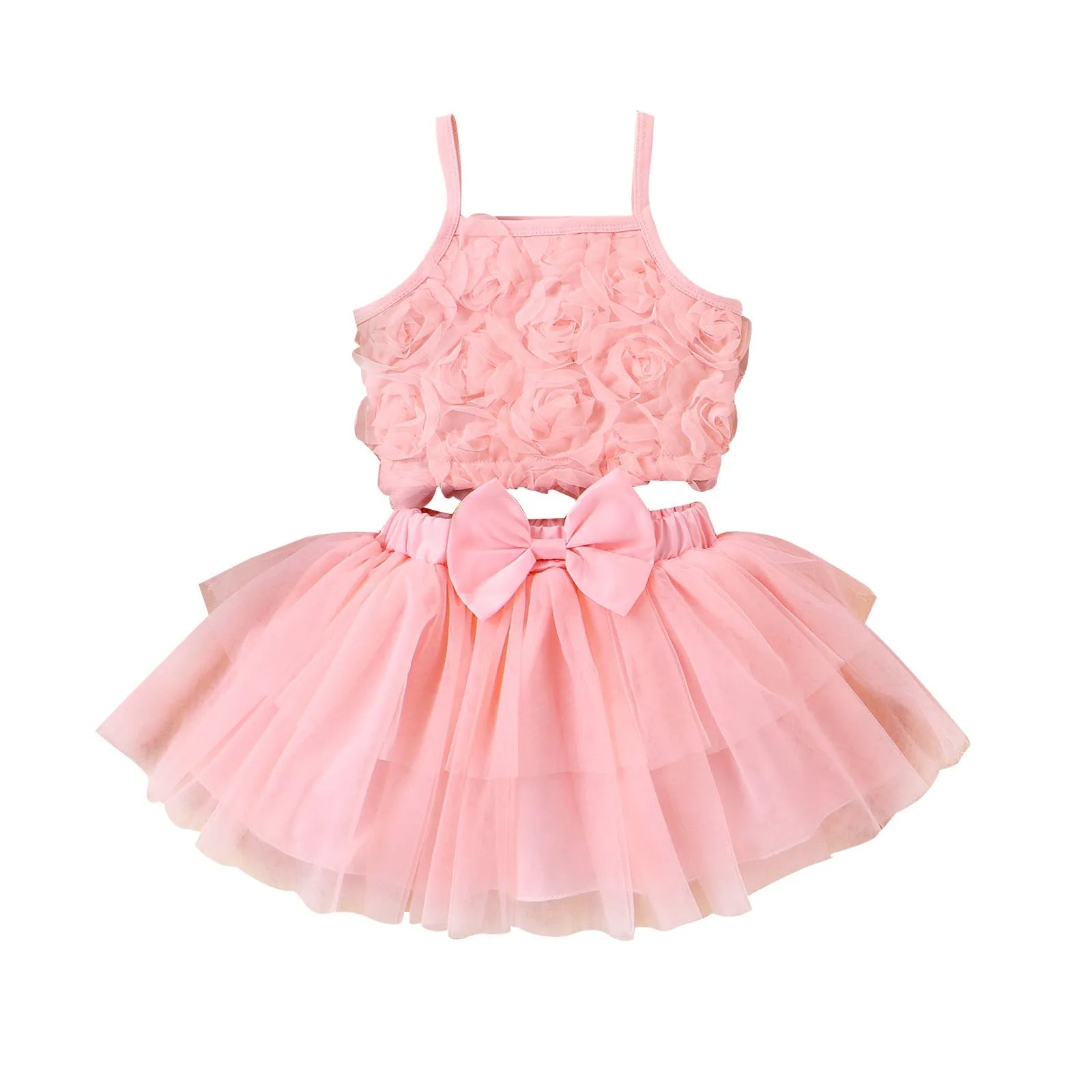 Pink floral strappy bow mesh cotton skirt suit set for baby girls with top and skirt
