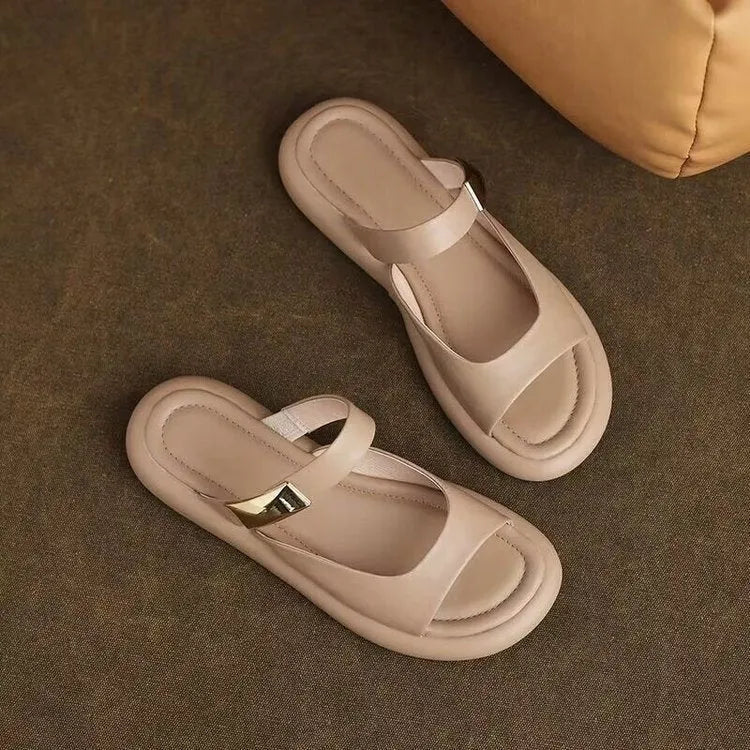 Apricot and white peep toe flat platform sandals with a rubber sole for outdoor casual wear.