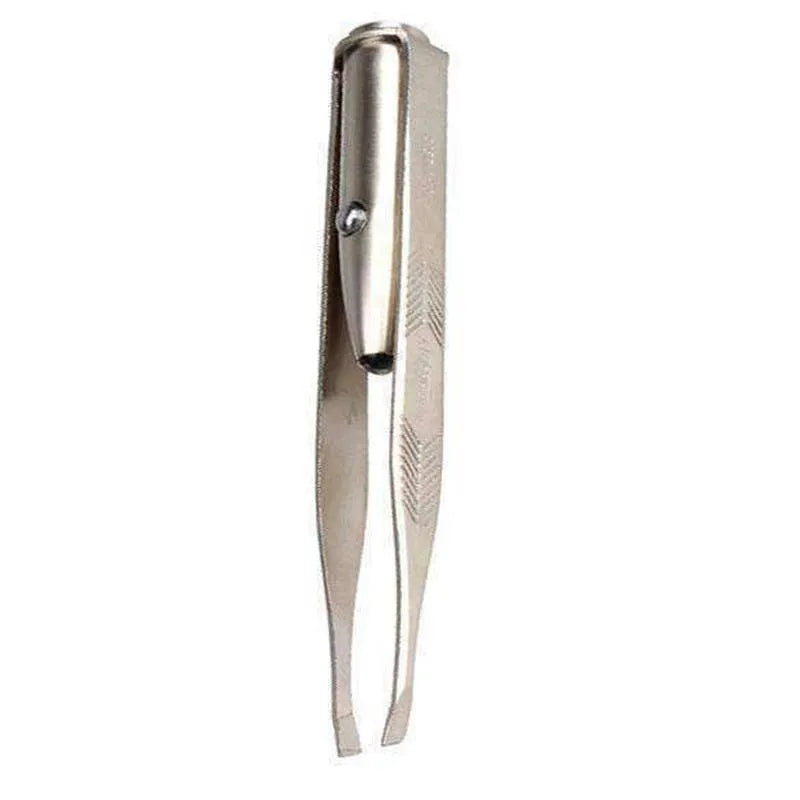 Stainless steel LED beauty tweezers with a push-button switch and built-in light for eyebrow grooming.