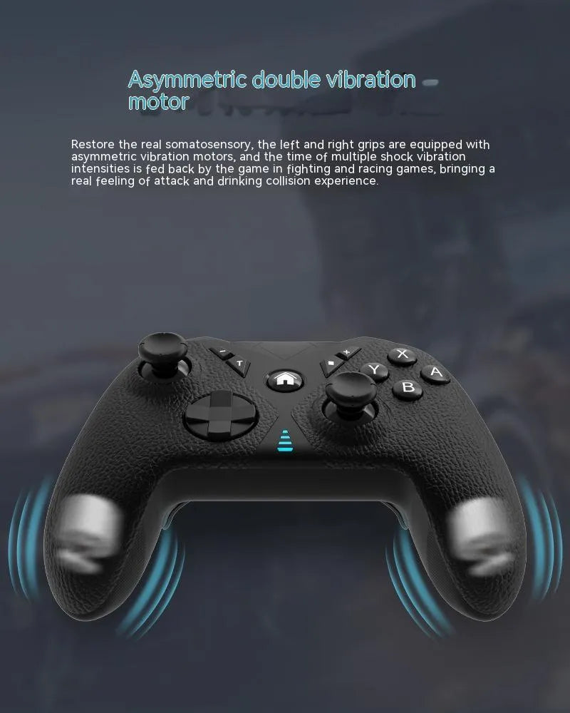 Black wireless game controller with leather-like texture, shown front and back, with Type-C port.