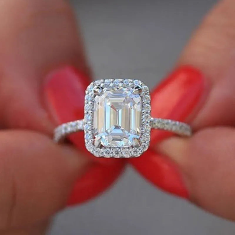 3.5 carat emulation diamond rectangle princess ring in silver tone electroplated metal, geometric women's fashion ring.