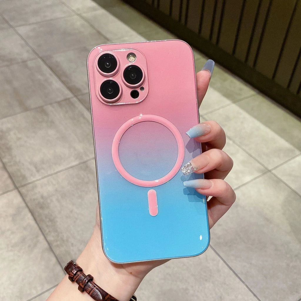 Luminous magnetic suction iPhone case in purple blue gradient, TPU PC, all-inclusive, for iPhone 11-14 Pro Max