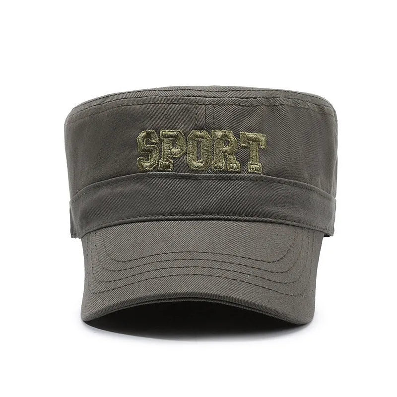 Men's cotton flat-top peaked cap in army green with adjustable size and English letters