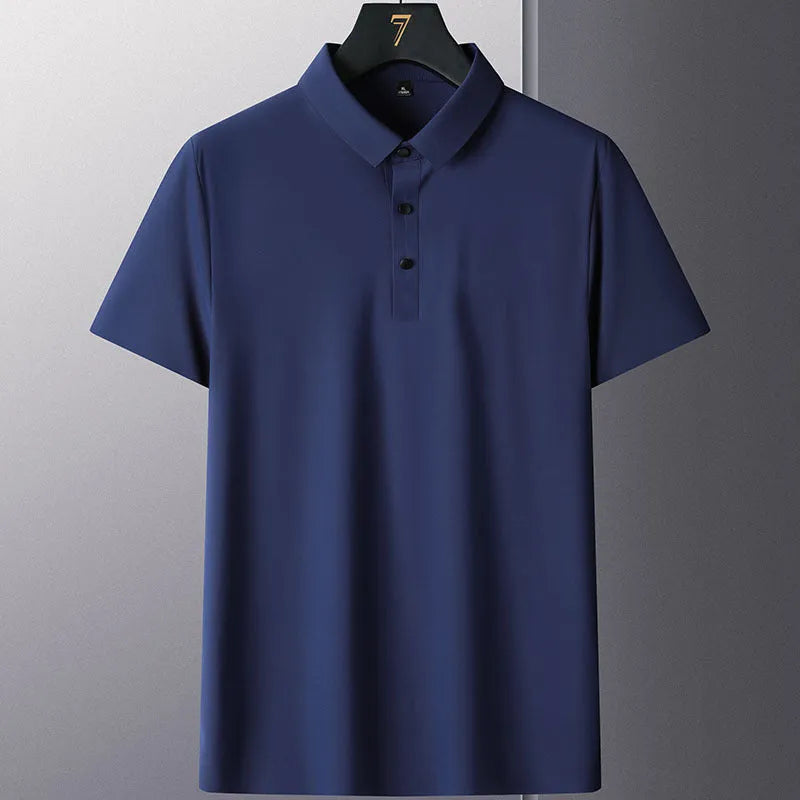 Men's solid colour non-iron short sleeve business shirt in nylon fabric on a hanger.